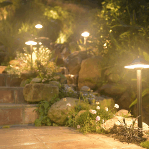 LED and halogen landscape lighting side by side in outdoor garden